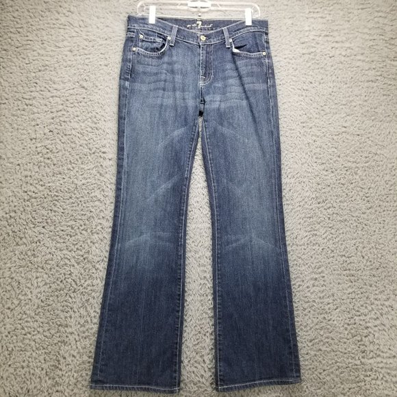 7 For All Mankind Jeans Womens 29 Bootcut Stretch Faded Blue Low Rise Distressed - Picture 1 of 16